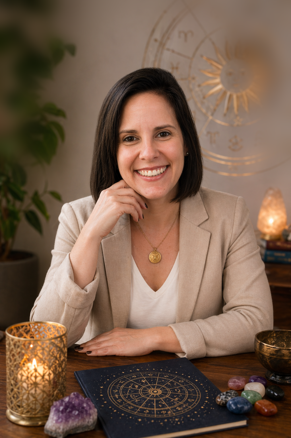 Giselle de Castro sentada à mesa de atendimento